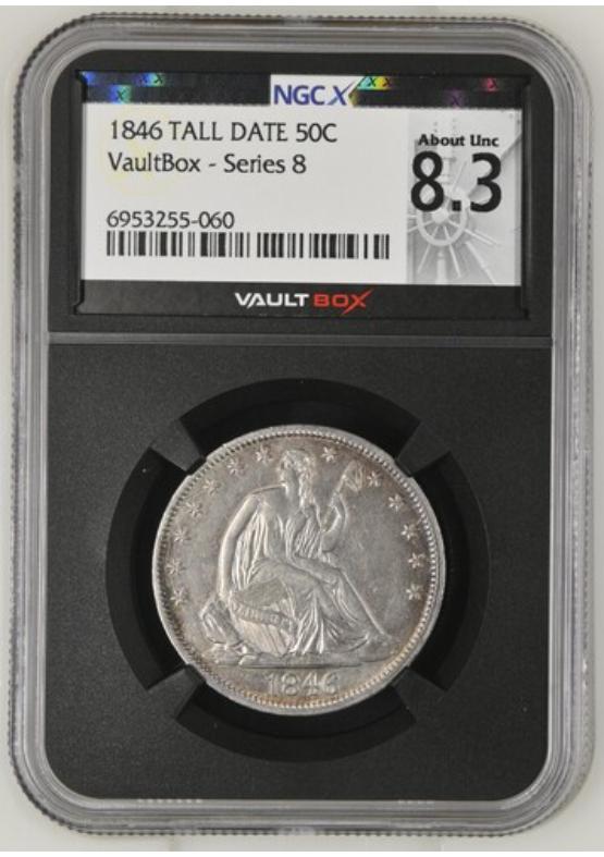 1846 TALL DATE 50C NGCX ABOUT UNCIRCULATED 8.3 Series 8 Front