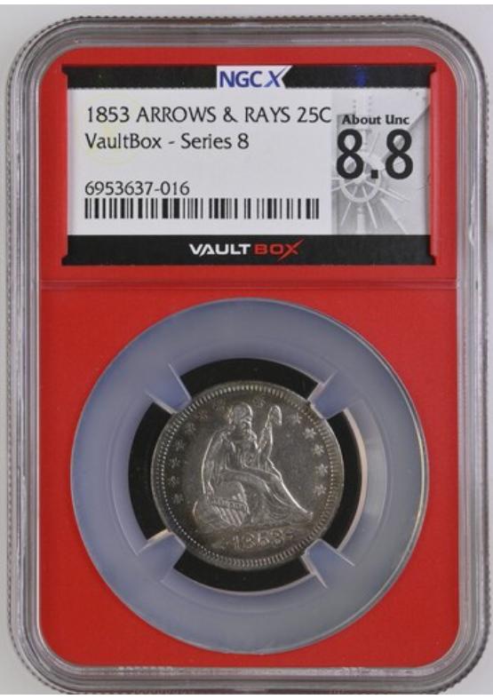1853 ARROWS & RAYS 25C NGCX ABOUT UNCIRCULATED 8.8 Series 8 Front