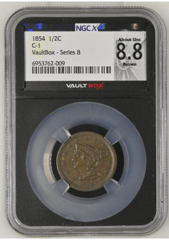 1854 C-1 1/2C NGCX ABOUT UNCIRCULATED 8.8 BROWN Series 8 Front
