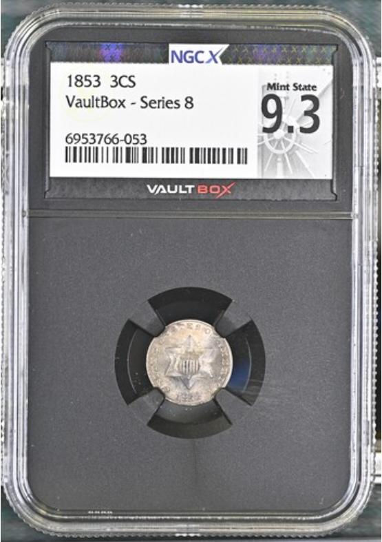 1853 3CS NGCX MINT STATE 9.3 Series 8 Front