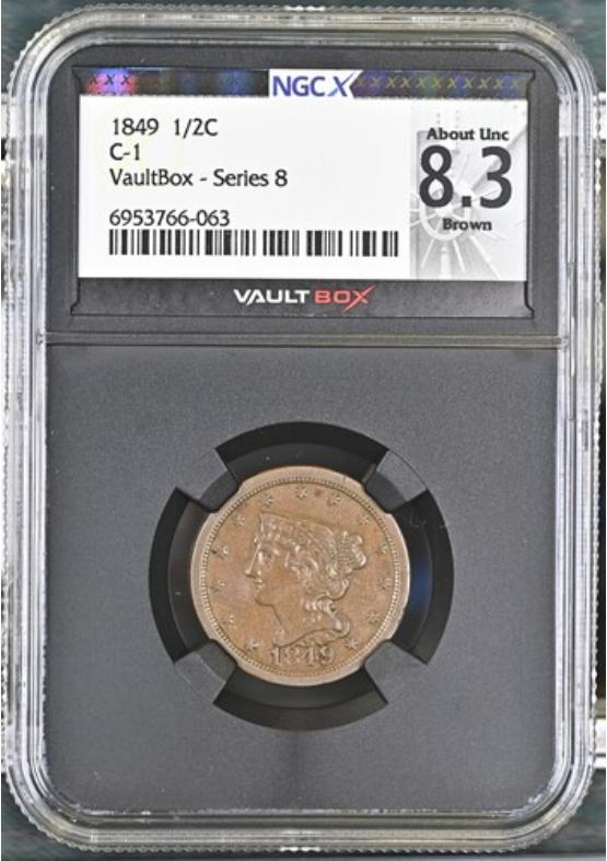 1849 C-1 1/2C NGCX ABOUT UNCIRCULATED 8.3 BROWN Series 8 Front