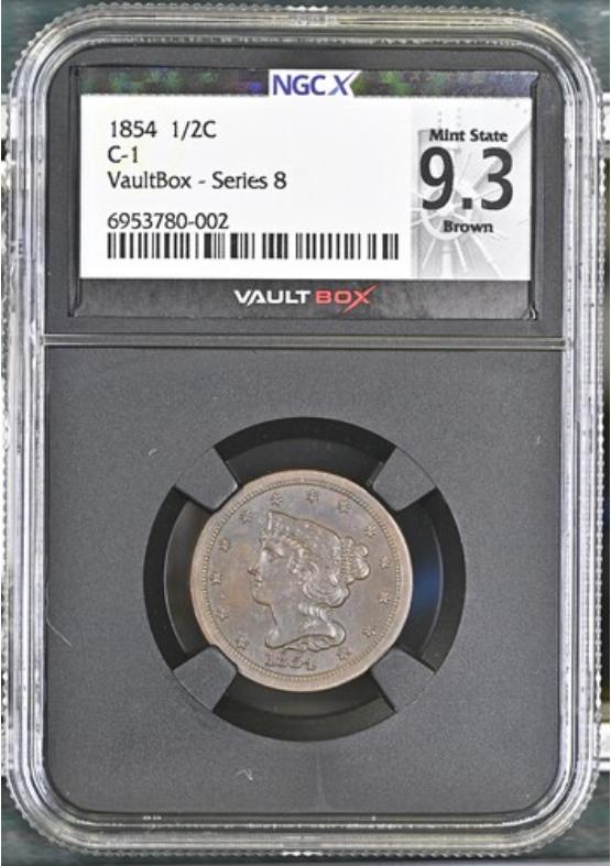 1854 C-1 1/2C NGCX MINT STATE 9.3 BROWN Series 8 Front