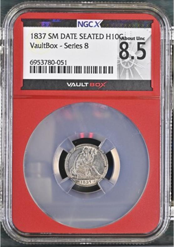 1837 SM DATE SEATED H10C NGCX ABOUT UNCIRCULATED 8.5 Series 8 Front