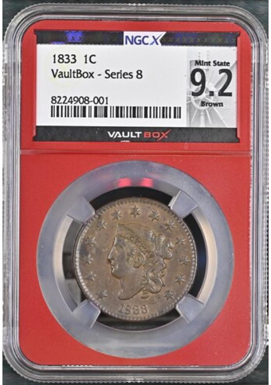 1833 1C NGCX MINT STATE 9.2 BROWN Series 8 Front