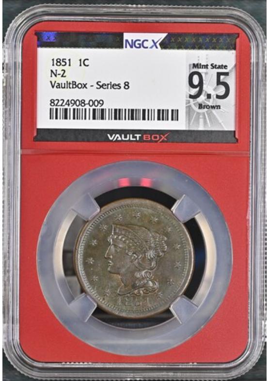 1851 N-2 1C NGCX MINT STATE 9.5 BROWN Series 8 Front