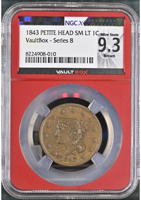 1843 PETITE HEAD SM LT 1C NGCX MINT STATE 9.3 BROWN Series 8 Front