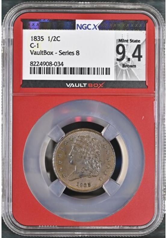 1835 C-1 1/2C NGCX MINT STATE 9.4 BROWN Series 8 Front