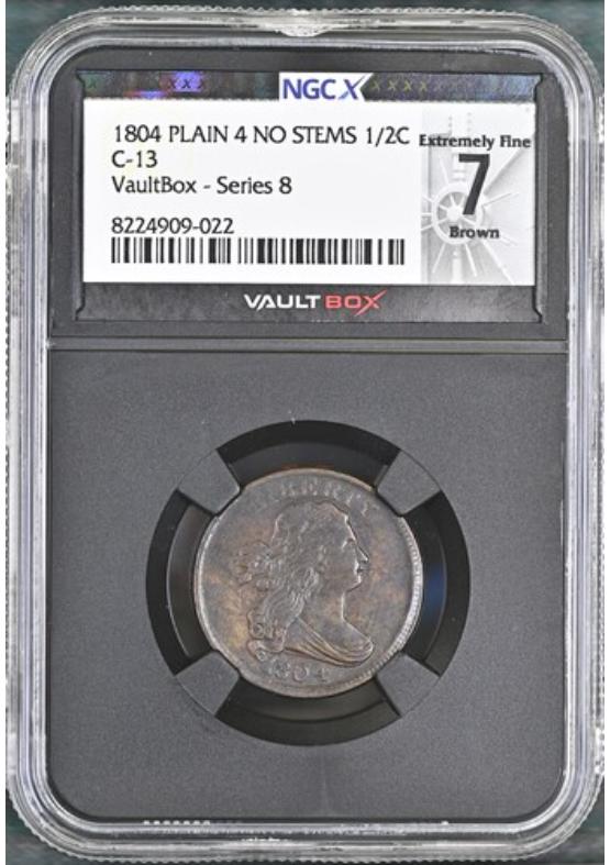 1804 PLAIN 4 NO STEMS C-13 1/2C NGCX EXTREMELY FINE 7 BROWN Series 8 Front
