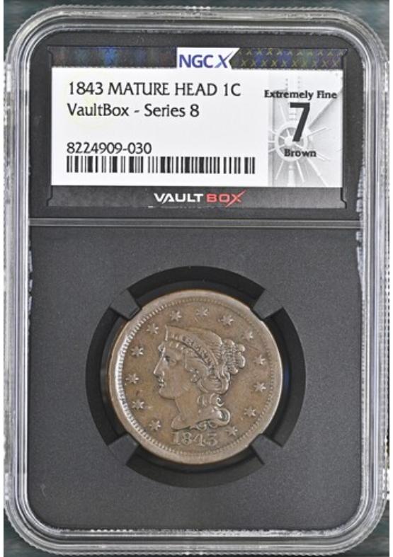 1843 MATURE HEAD 1C NGCX EXTREMELY FINE 7 BROWN Series 8 Front