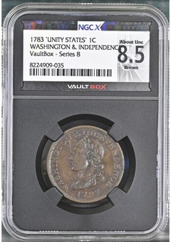 1783 'UNITY STATES' WASHINGTON & INDEPENDENCE 1C NGCX ABOUT UNCIRCULATED 8.5 BROWN Series 8 Front