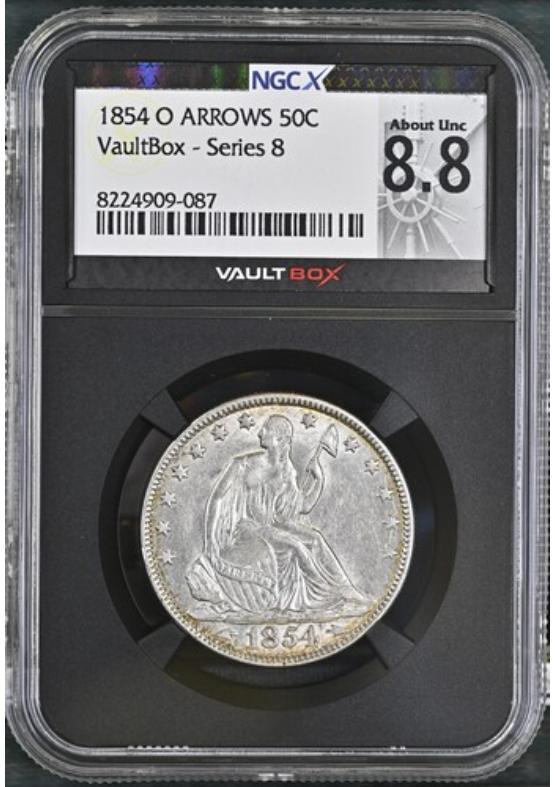 1854-O ARROWS 50C NGCX ABOUT UNCIRCULATED 8.8 Series 8 Front