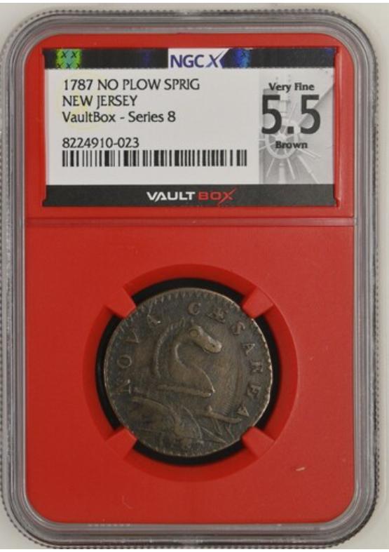 1787 NO PLOW SPRIG NEW JERSEY COLONIAL NGCX VERY FINE 5.5 BROWN Series 8 Front