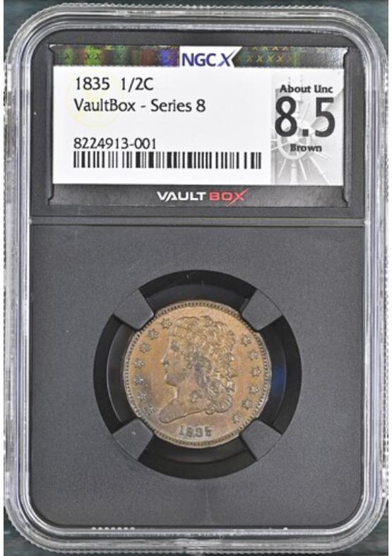 1835 1/2C NGCX ABOUT UNCIRCULATED 8.5 BROWN Series 8 Front