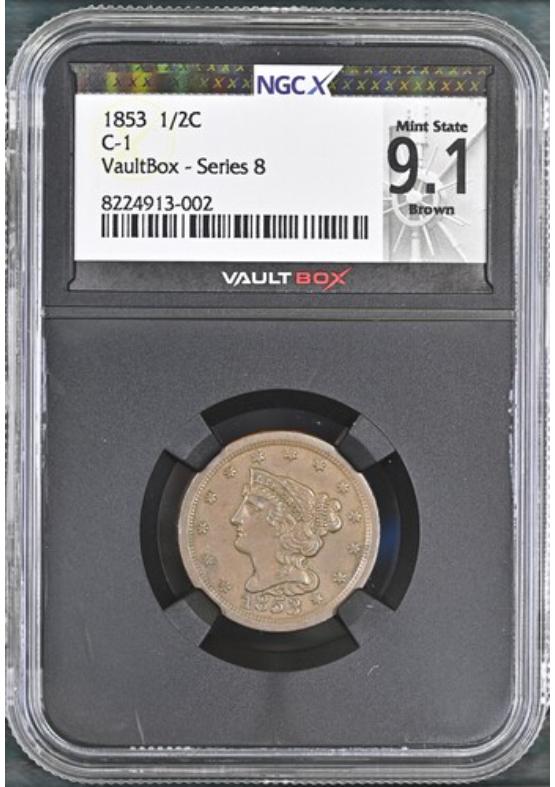 1853 C-1 1/2C NGCX MINT STATE 9.1 BROWN Series 8 Front