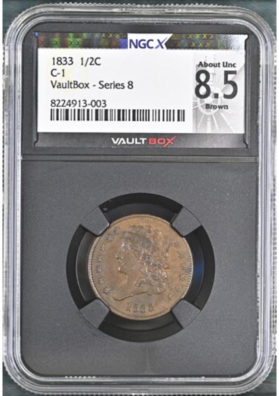 1833 C-1 1/2C NGCX ABOUT UNCIRCULATED 8.5 BROWN Series 8 Front
