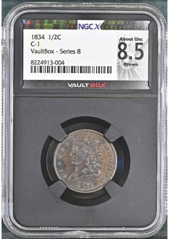 1834 C-1 1/2C NGCX ABOUT UNCIRCULATED 8.5 BROWN Series 8 Front