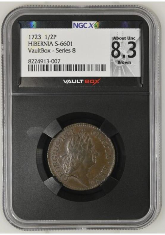 1723 HIBERNIA S-6601 1/2P NGCX ABOUT UNCIRCULATED 8.3 BROWN Series 8 Front