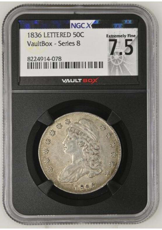 1836 LETTERED 50C NGCX EXTREMELY FINE 7.5 Series 8 Front