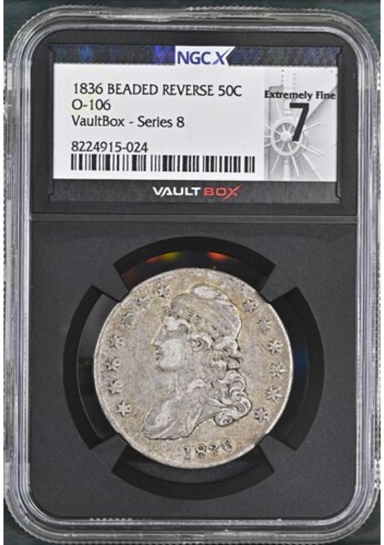 1836 BEADED REVERSE O-106 50C NGCX EXTREMELY FINE 7 Series 8 Front