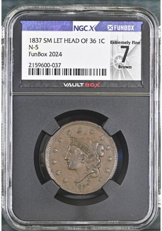 1837 SM LET HEAD OF 36 1C N-5 NGCX EXTREMELY FINE 7 BROWN Front