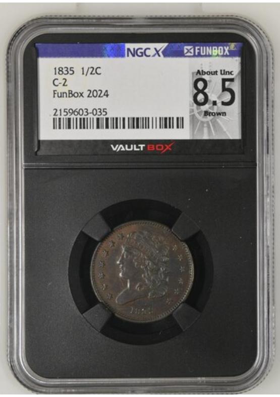 1835 1/2C C-2 NGCX ABOUT UNCIRCULATED 8.5 BROWN Front