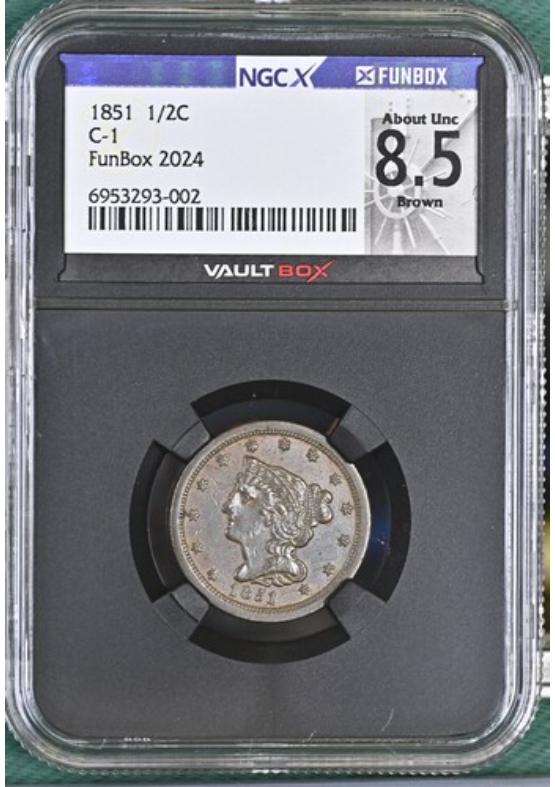 1851 1/2C C-1 NGCX ABOUT UNCIRCULATED 8.5 BROWN Front