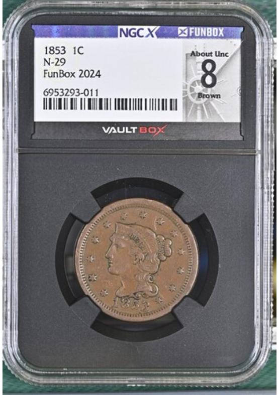 1853 1C N-29 NGCX ABOUT UNCIRCULATED 8 BROWN Front