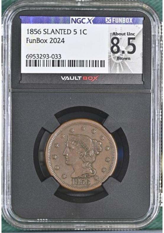1856 SLANTED 5 1C NGCX ABOUT UNCIRCULATED 8.5 BROWN Front