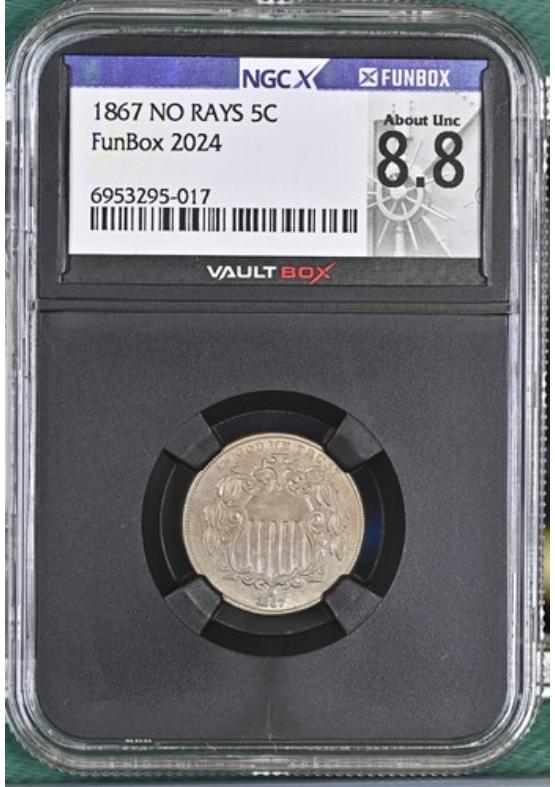 1867 NO RAYS 5C NGCX ABOUT UNCIRCULATED 8.8 Front