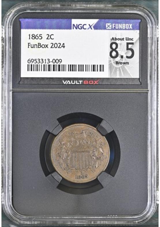 1865 2C NGCX ABOUT UNCIRCULATED 8.5 BROWN Front