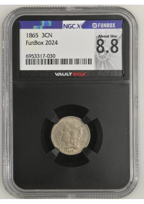 1865 3CN NGCX ABOUT UNCIRCULATED 8.8 Front
