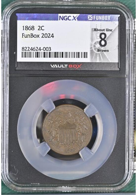 1868 2C NGCX ABOUT UNCIRCULATED 8 BROWN Front