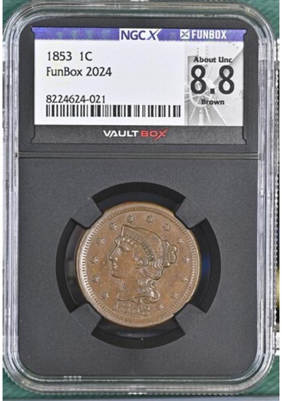 1853 1C NGCX ABOUT UNCIRCULATED 8.8 BROWN Front