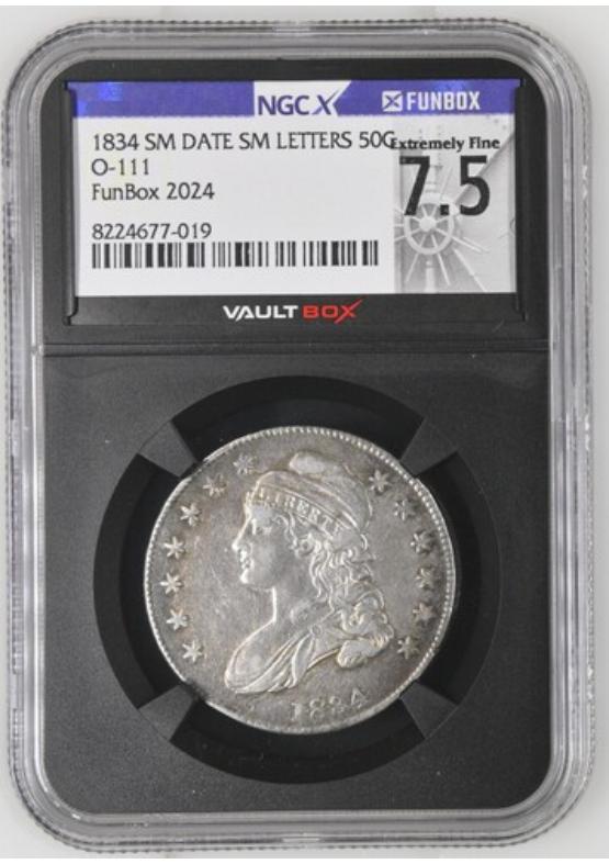 1834 SM DATE SM LETTERS 50C O-111 NGCX EXTREMELY FINE 7.5 Front