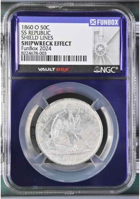 1860-O 50C SS REPUBLIC SHIELD LINES NGC SHIPWRECK EFFECT Front