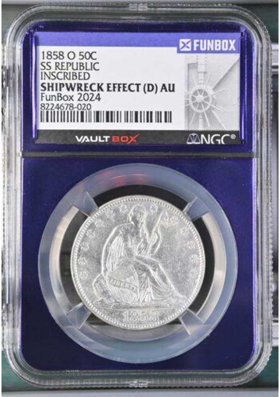 1858-O 50C SS REPUBLIC INSCRIBED NGC SHIPWRECK EFFECT Front