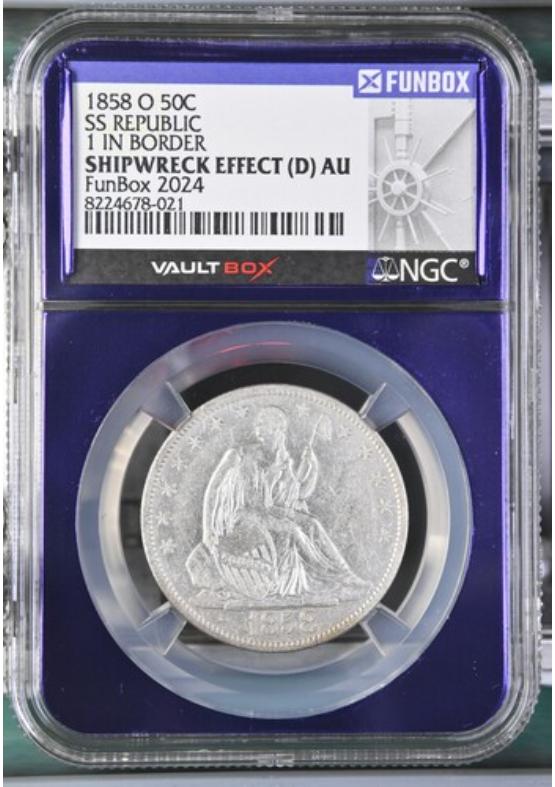1858-O 50C SS REPUBLIC $1 IN BORDER NGC SHIPWRECK EFFECT Front