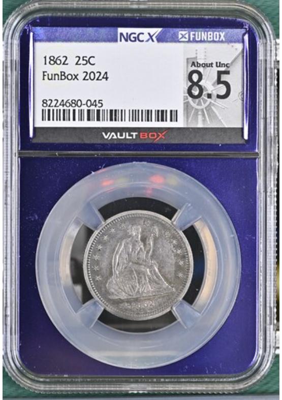 1862 25C NGCX ABOUT UNCIRCULATED 8.5 Front
