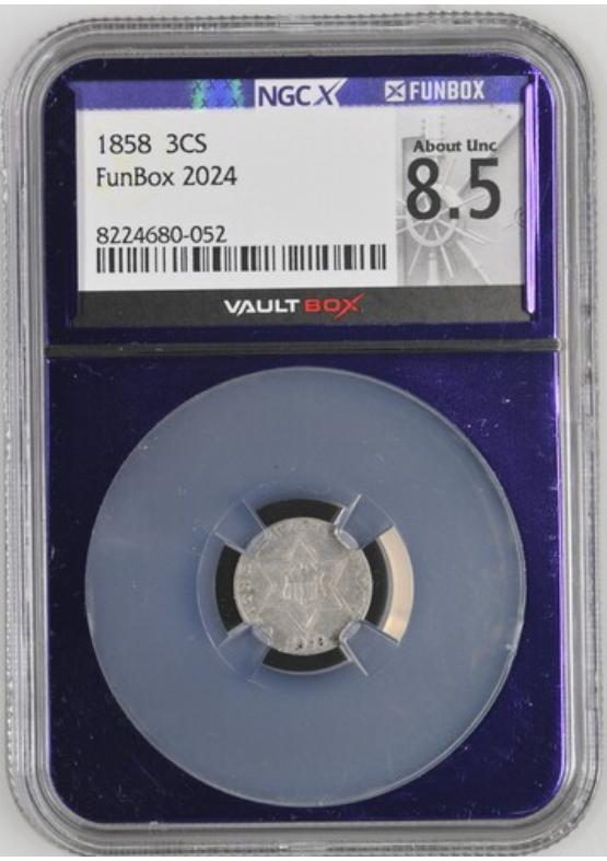 1858 3CS NGCX ABOUT UNCIRCULATED 8.5 Front