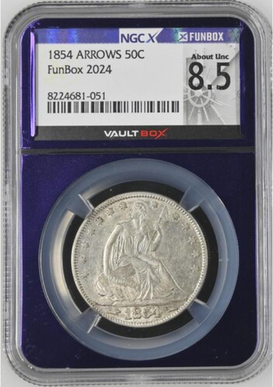 1854 ARROWS 50C NGCX ABOUT UNCIRCULATED 8.5 Front