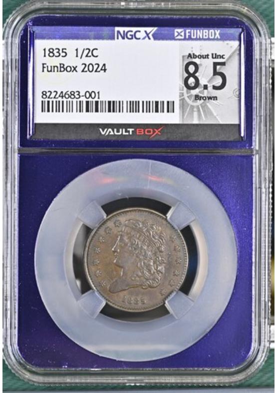 1835 1/2C NGCX ABOUT UNCIRCULATED 8.5 BROWN Front