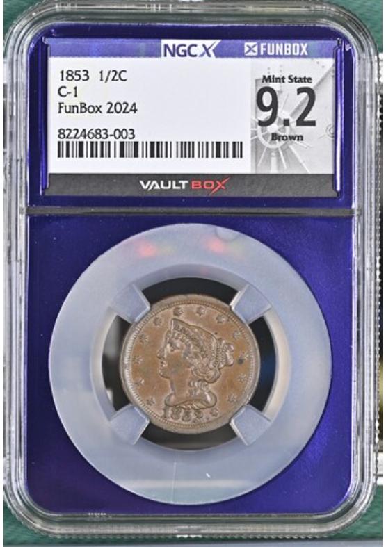 1853 1/2C C-1 NGCX MINT STATE 9.2 BROWN Front
