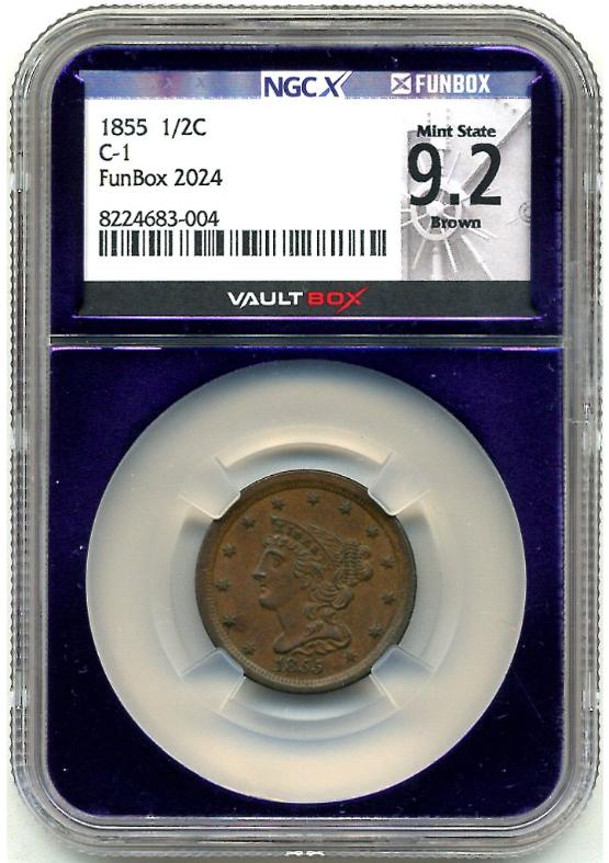 1855 1/2C C-1 NGCX MINT STATE 9.2 BROWN Front