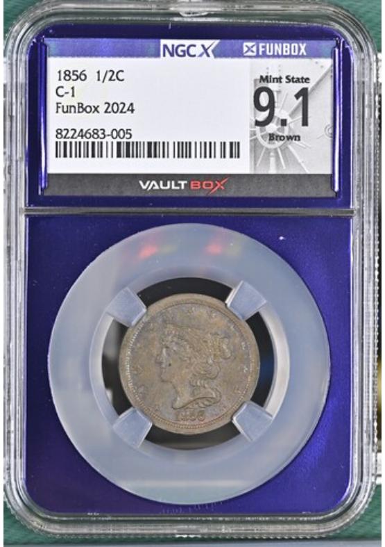 1856 1/2C C-1 NGCX MINT STATE 9.1 BROWN Front