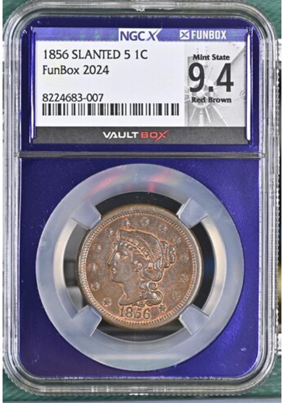 1856 SLANTED 5 1C NGCX MINT STATE 9.4 RED BROWN Front