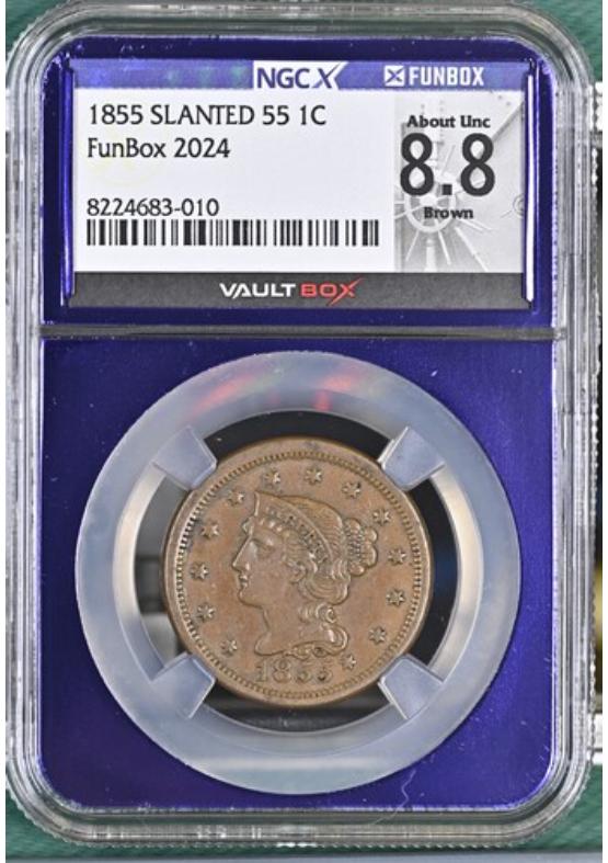 1855 SLANTED 55 1C NGCX ABOUT UNCIRCULATED 8.8 BROWN Front