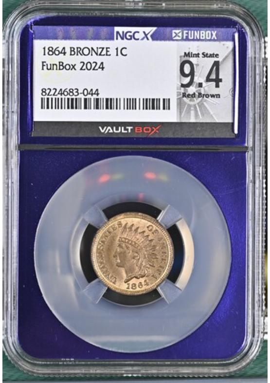 1864 BRONZE 1C NGCX MINT STATE 9.4 RED BROWN Front