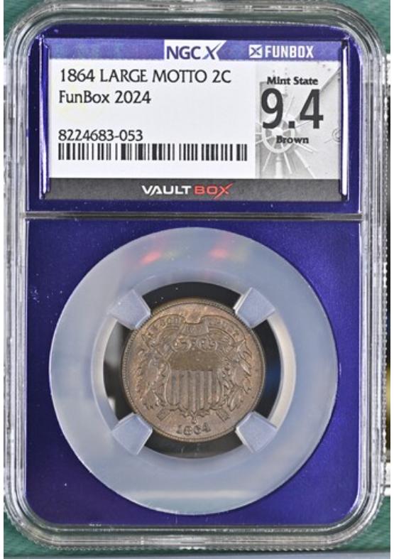 1864 LARGE MOTTO 2C NGCX MINT STATE 9.4 BROWN Front