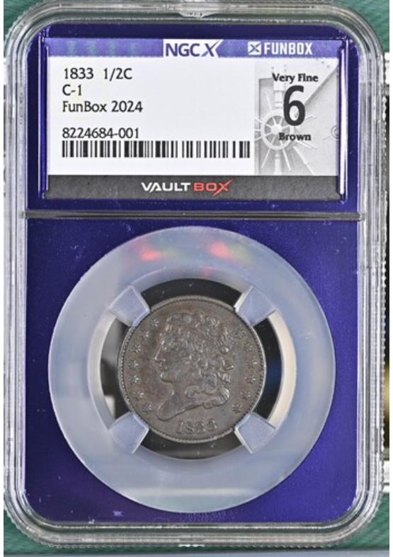 1833 1/2C C-1 NGCX VERY FINE 6 BROWN Front