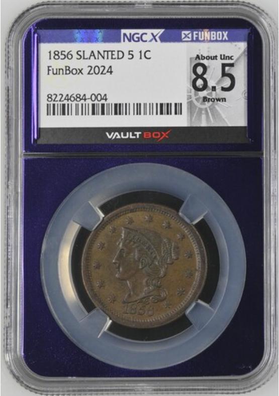 1856 SLANTED 5 1C NGCX ABOUT UNCIRCULATED 8.5 BROWN Front